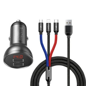 Baseus Car Charger Suit Digital Display Dual USB Multi Port 3-in-1 Cable USB 1.2M